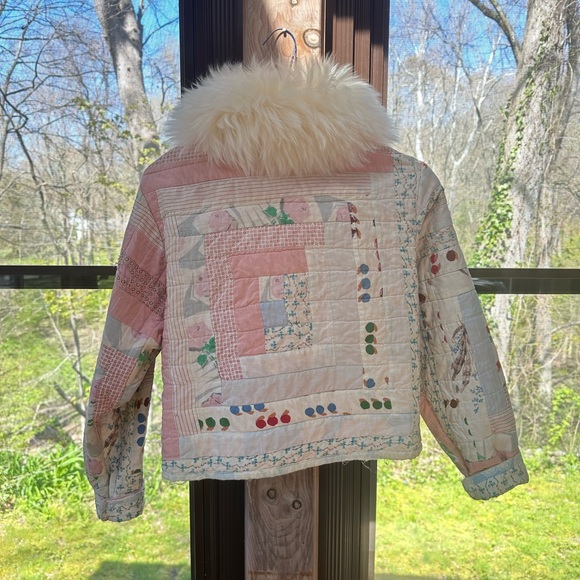 Vintage Patchwork Quilt Coat with Sheepskin Collar - Picture 3 of 6